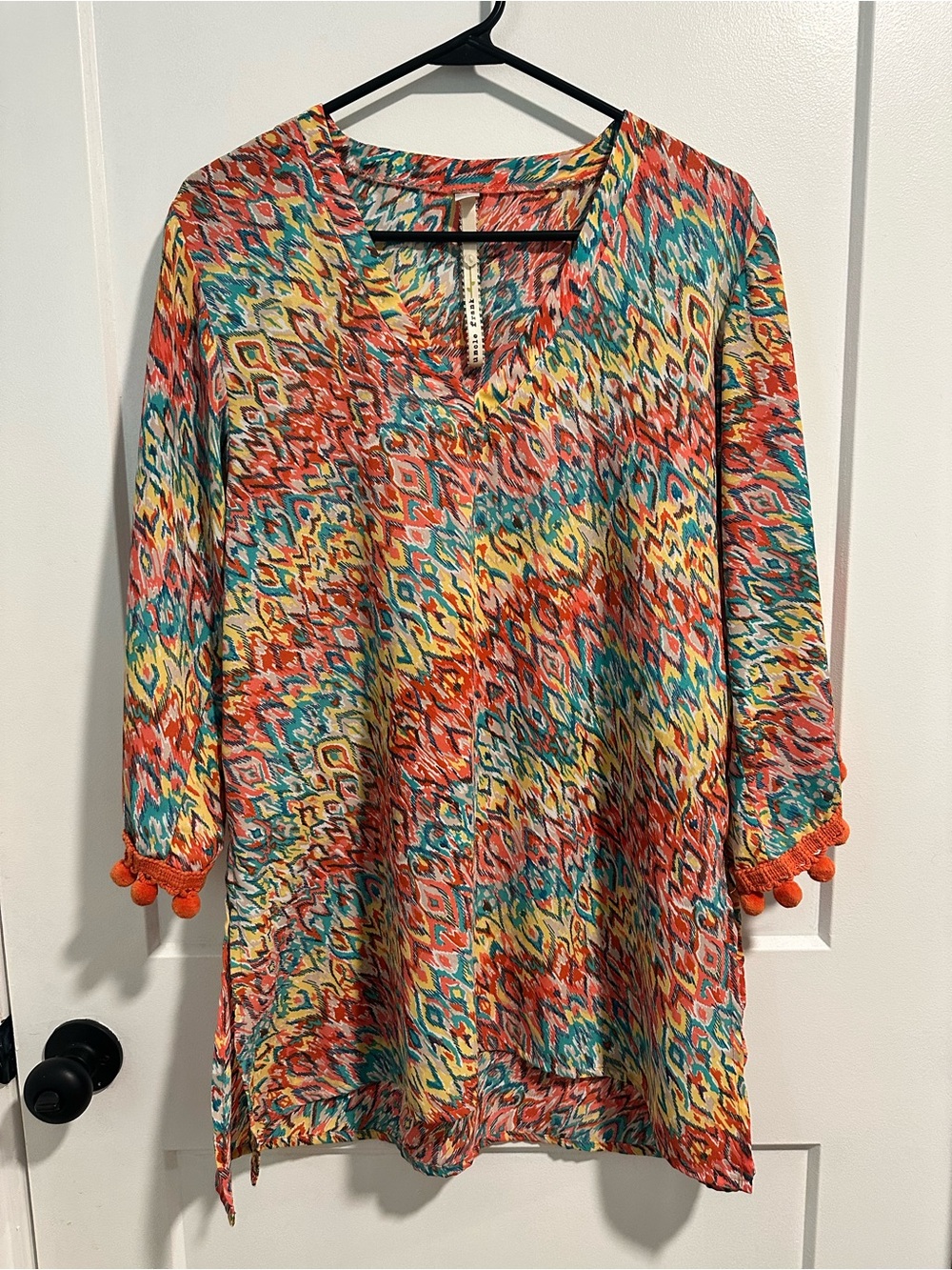 Uncle Frank Multicolor Ikat Tunic with Orange Pom Trim